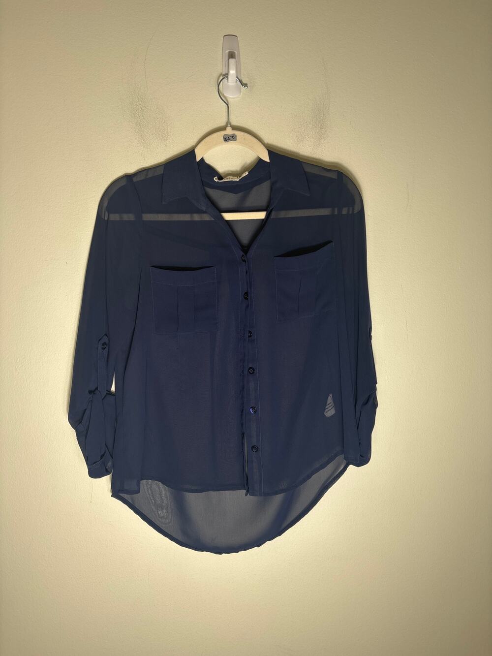 Blu Pepper Navy Long Sleeve Sheer Button Up Shirt Sz S